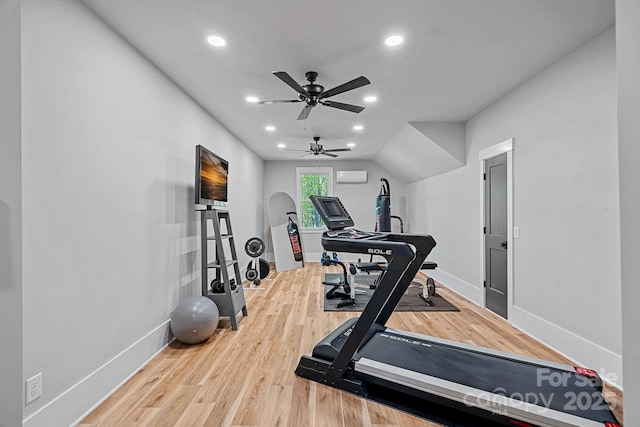workout room featuring wood finished floors, a ceiling fan, baseboards, and recessed lighting