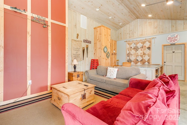 living area featuring carpet flooring, recessed lighting, lofted ceiling, wood walls, and wooden ceiling