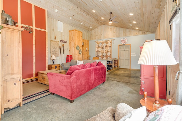 living room featuring recessed lighting, wood walls, vaulted ceiling, a ceiling fan, and wooden ceiling