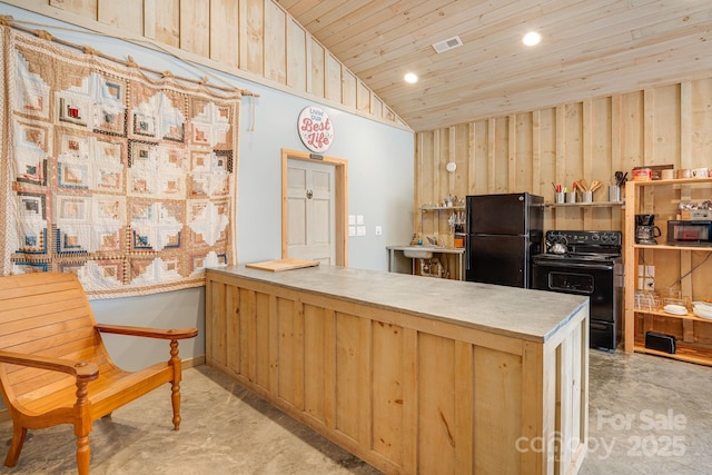 kitchen featuring vaulted ceiling, black appliances, wooden ceiling, a peninsula, and visible vents