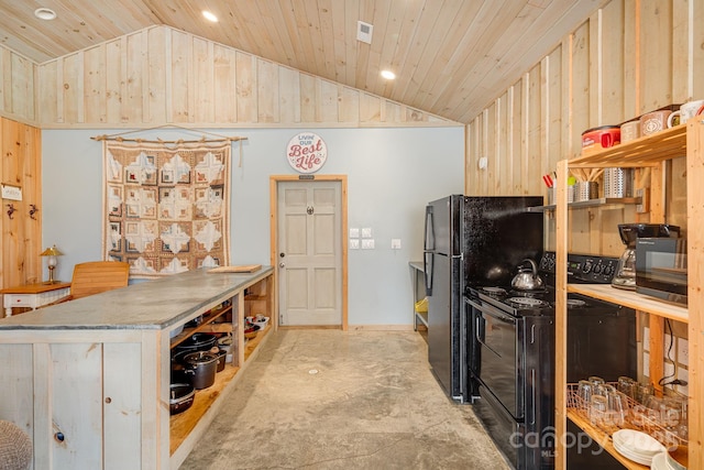 kitchen with open shelves, lofted ceiling, wooden ceiling, and black range with electric stovetop