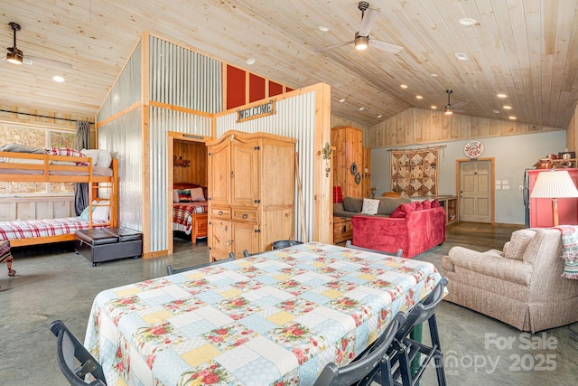 bedroom featuring wood ceiling, vaulted ceiling, and recessed lighting