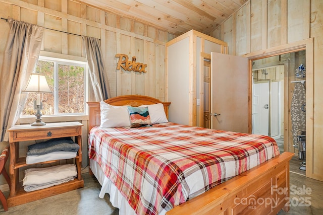 bedroom featuring wooden walls, lofted ceiling, and wood ceiling