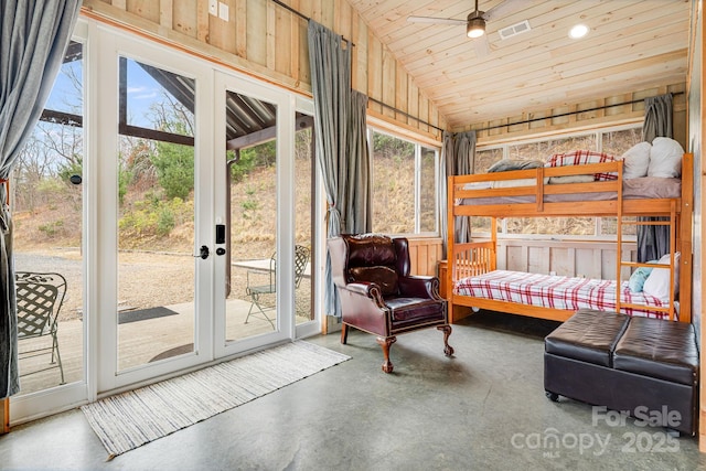 bedroom featuring concrete floors, wooden ceiling, lofted ceiling, access to exterior, and visible vents