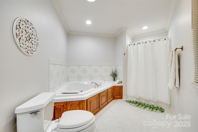 full bath with toilet, crown molding, tile patterned flooring, a bath, and recessed lighting