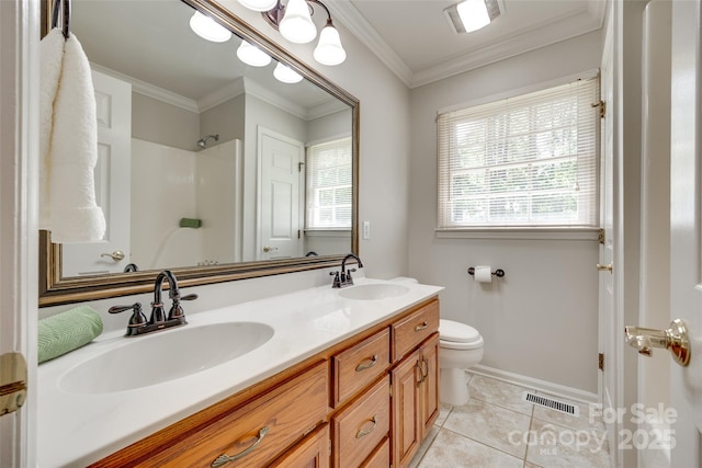 full bathroom with a shower, toilet, double vanity, tile patterned floors, and ornamental molding