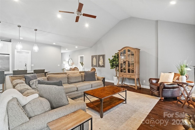 living area featuring recessed lighting, wood finished floors, high vaulted ceiling, and ceiling fan