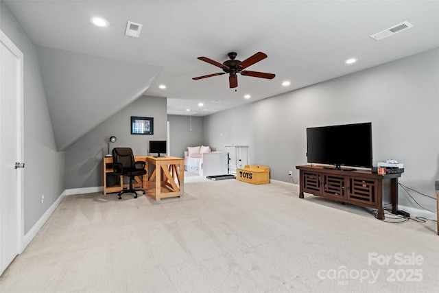 carpeted office space with ceiling fan, visible vents, and recessed lighting