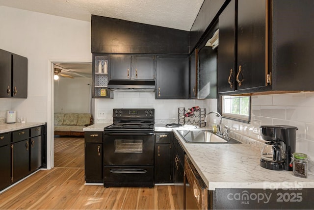 kitchen featuring a sink, under cabinet range hood, black electric range oven, backsplash, and light wood-style flooring