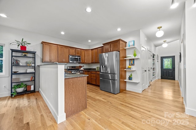 kitchen with open shelves, brown cabinetry, light wood-style flooring, stainless steel appliances, and recessed lighting