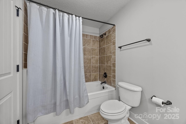 full bathroom featuring toilet, a textured ceiling, shower / bathtub combination with curtain, and tile patterned flooring
