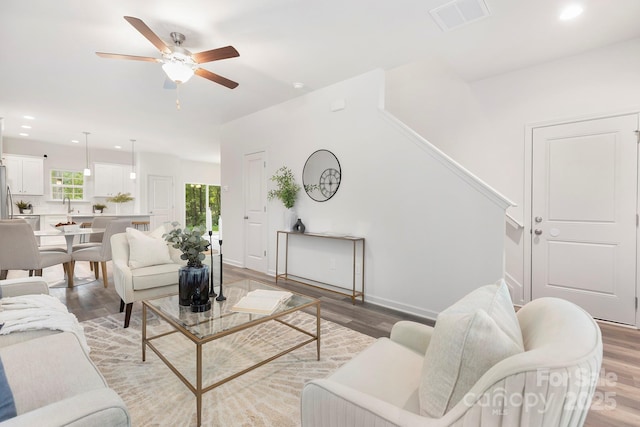 601 Westway Dr, Gastonia, NC 28054 - living room featuring a ceiling fan, recessed lighting, light wood finished floors, and visible vents