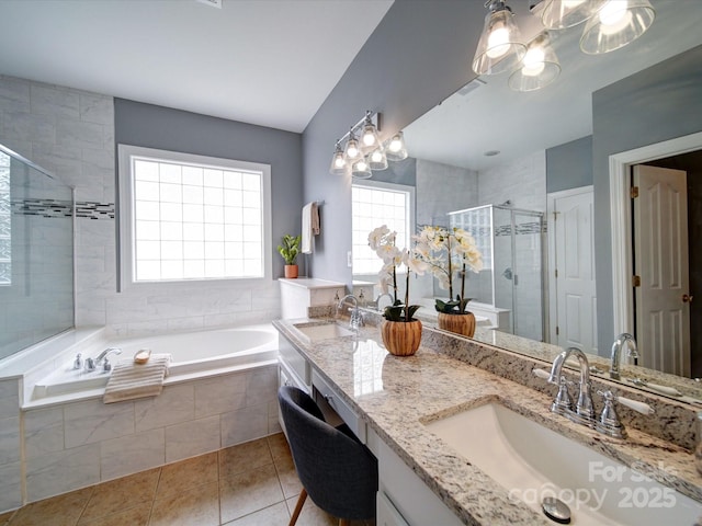 7642 Horseshoe Creek Dr, Huntersville, NC 28078 - full bath featuring a shower stall, a garden tub, tile patterned floors, and a sink