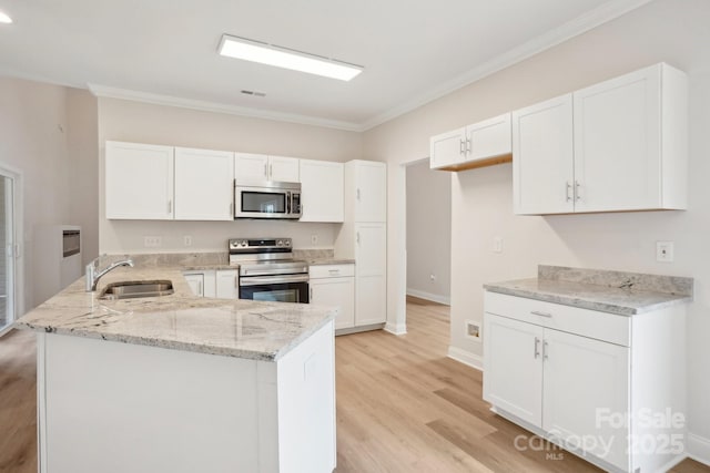 kitchen featuring white cabinets, stainless steel appliances, ornamental molding, a sink, and a peninsula
