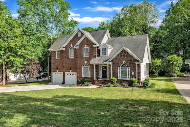 5775 Monticello Dr NW, Concord, NC 28027 - view of front facade with a garage, a front lawn, brick siding, a shingled roof, and driveway