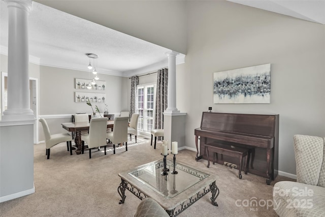 5775 Monticello Dr NW, Concord, NC 28027 - living room featuring crown molding, baseboards, carpet, and decorative columns