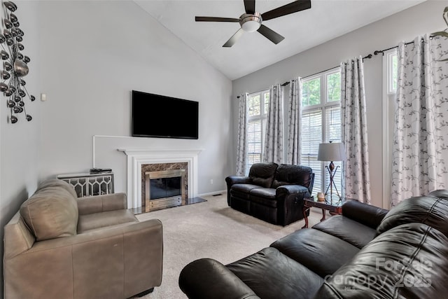 5775 Monticello Dr NW, Concord, NC 28027 - living room with a ceiling fan, a fireplace, carpet floors, baseboards, and high vaulted ceiling