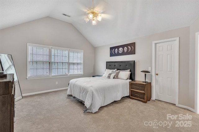 5775 Monticello Dr NW, Concord, NC 28027 - bedroom with baseboards, light carpet, vaulted ceiling, and visible vents
