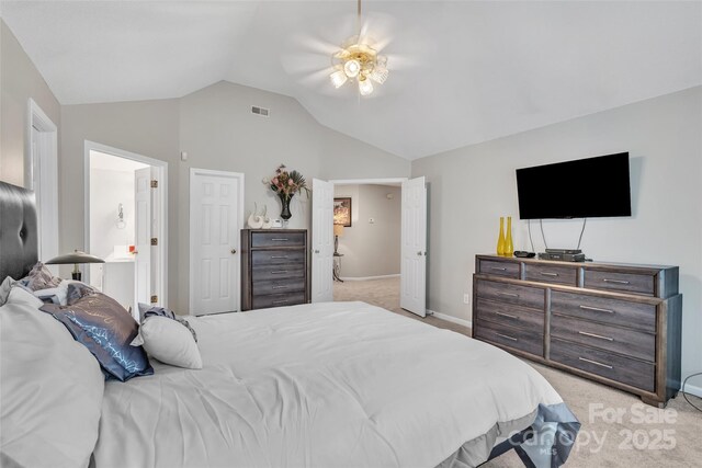 5775 Monticello Dr NW, Concord, NC 28027 - bedroom featuring light colored carpet, a ceiling fan, baseboards, and lofted ceiling