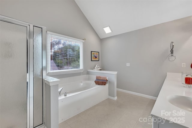 5775 Monticello Dr NW, Concord, NC 28027 - bathroom with a sink, a bath, high vaulted ceiling, and a shower stall