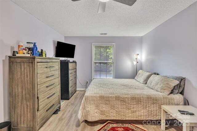 5775 Monticello Dr NW, Concord, NC 28027 - bedroom featuring a textured ceiling, ceiling fan, visible vents, and light wood-type flooring