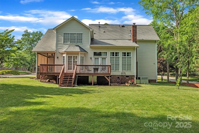 5775 Monticello Dr NW, Concord, NC 28027 - rear view of property with roof with shingles, a deck, crawl space, a chimney, and a yard