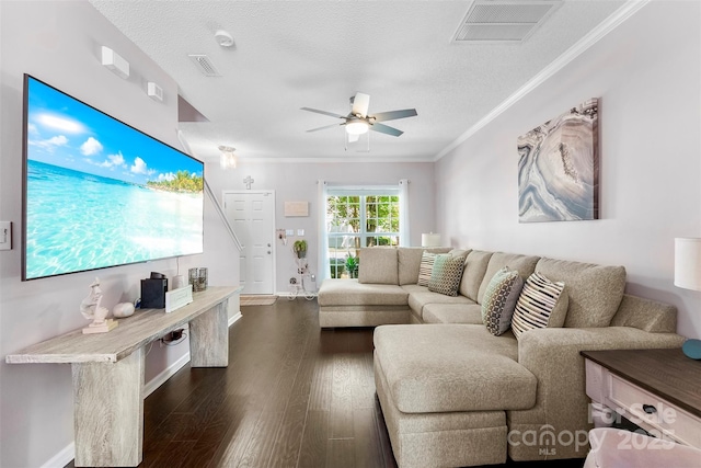 8814 Gerren Ct, Charlotte, NC 28217 - living area with visible vents, a textured ceiling, dark wood-style flooring, and ceiling fan