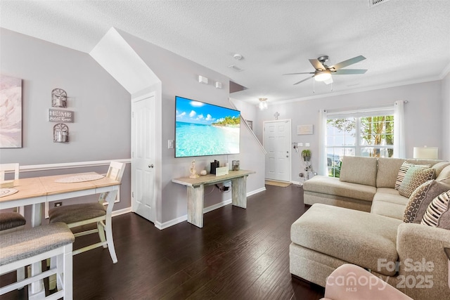 8814 Gerren Ct, Charlotte, NC 28217 - living room featuring ornamental molding, a textured ceiling, ceiling fan, and wood finished floors