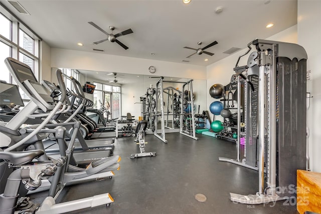 workout area with ceiling fan and visible vents