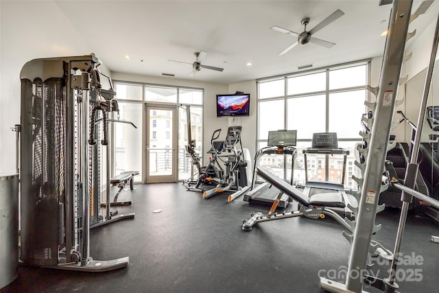 workout area with ceiling fan, french doors, and visible vents