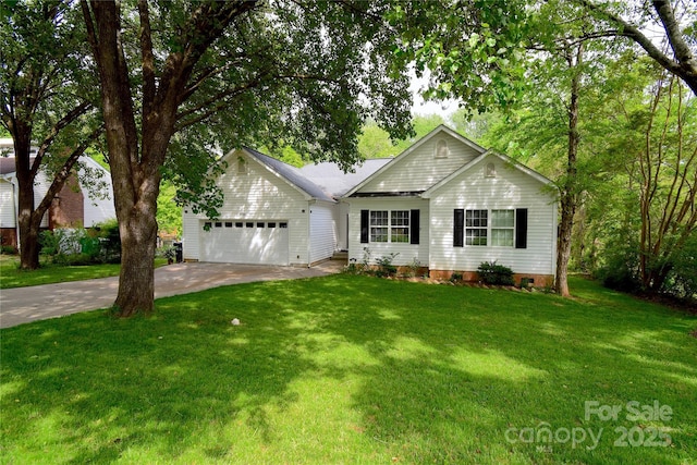 ranch-style house with concrete driveway, a front lawn, crawl space, and an attached garage