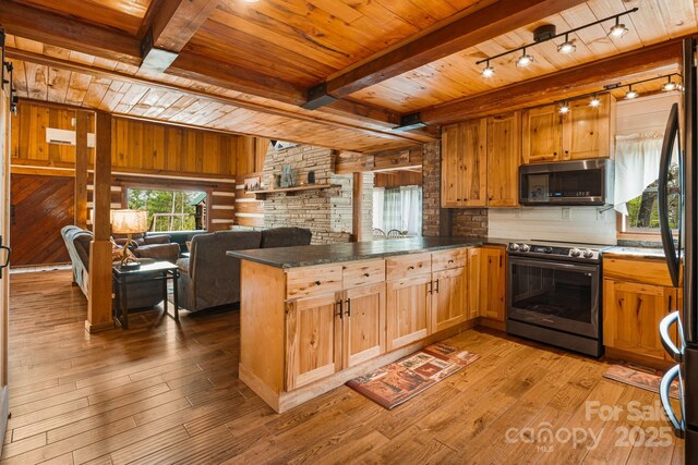 kitchen featuring dark countertops, a peninsula, appliances with stainless steel finishes, and hardwood / wood-style floors