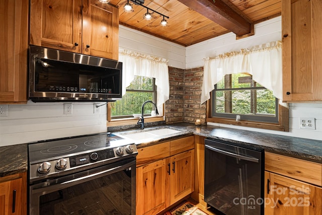 kitchen featuring electric stove, a sink, wooden ceiling, stainless steel microwave, and dishwashing machine
