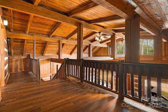 interior space with hardwood / wood-style floors, wooden ceiling, beamed ceiling, and wood walls