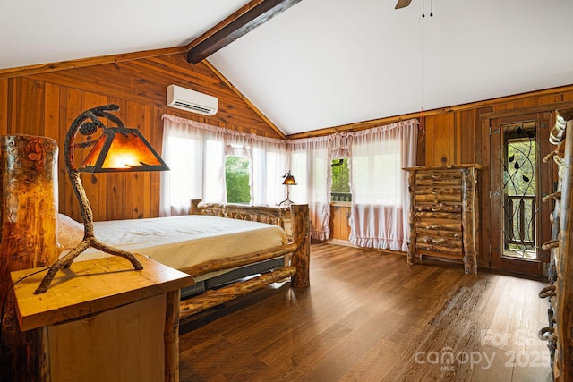 bedroom featuring wood finished floors, lofted ceiling with beams, access to outside, wood walls, and a wall unit AC