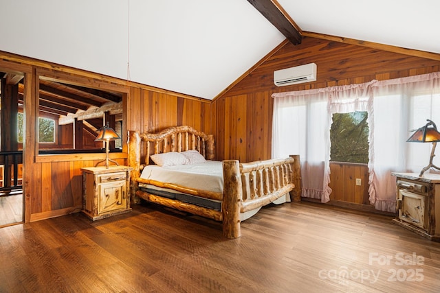bedroom featuring a wall mounted air conditioner, lofted ceiling with beams, wood finished floors, and wood walls