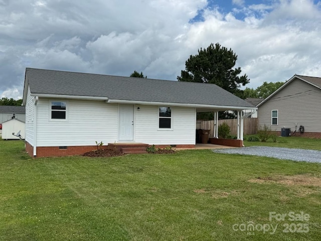 single story home featuring a front yard, crawl space, driveway, central AC, and fence