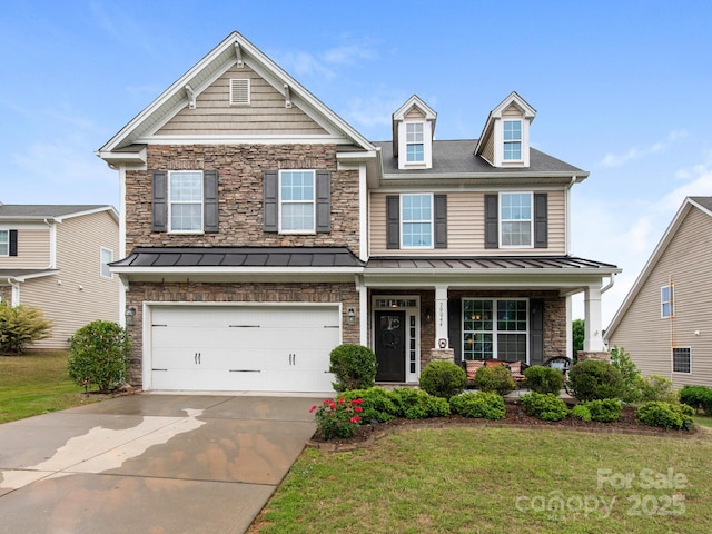 79044 Ridgehaven Rd, Lancaster, SC 29720 - craftsman inspired home with a standing seam roof, driveway, a front yard, a garage, and a porch