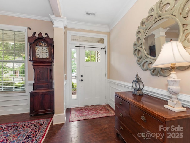 79044 Ridgehaven Rd, Lancaster, SC 29720 - foyer entrance with a wainscoted wall, dark wood finished floors, and ornamental molding
