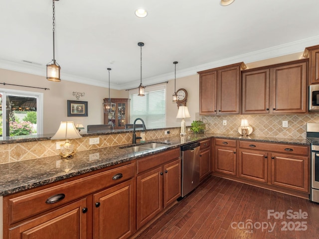 79044 Ridgehaven Rd, Lancaster, SC 29720 - kitchen featuring stainless steel appliances, a sink, plenty of natural light, backsplash, and ornamental molding