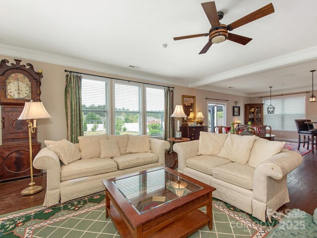 79044 Ridgehaven Rd, Lancaster, SC 29720 - living area featuring wood finished floors, a ceiling fan, and ornamental molding