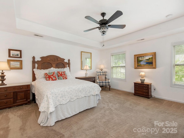79044 Ridgehaven Rd, Lancaster, SC 29720 - bedroom with a tray ceiling, light colored carpet, baseboards, and a ceiling fan
