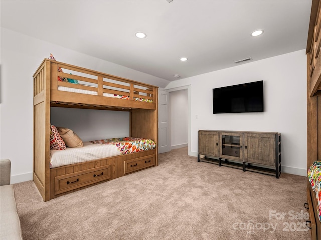 bedroom with visible vents, recessed lighting, carpet flooring, and baseboards