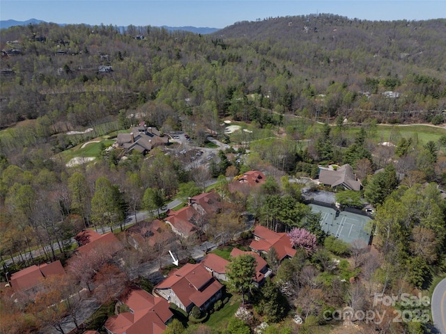 bird's eye view with a residential view, a mountain view, and a view of trees