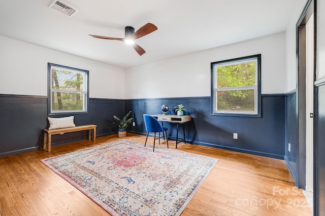 16 Graystone Rd, Asheville, NC 28804 - office area featuring visible vents, ceiling fan, wood finished floors, and a wainscoted wall