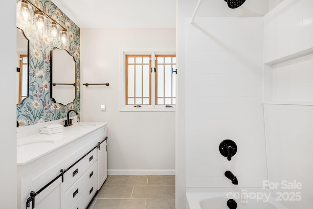 16 Graystone Rd, Asheville, NC 28804 - bathroom with a sink, tile patterned flooring, double vanity, baseboards, and tub / shower combination
