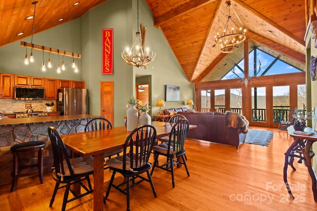 dining area with light wood-style flooring, wood ceiling, high vaulted ceiling, and a notable chandelier