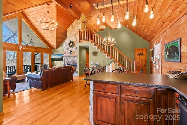 kitchen with light wood finished floors, wooden ceiling, a fireplace, and a notable chandelier