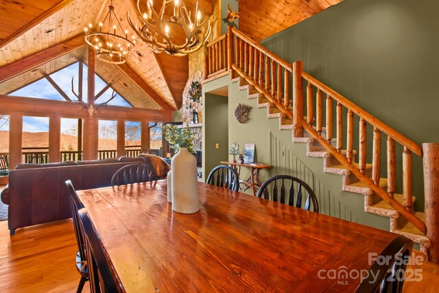 dining room featuring wood ceiling, wood finished floors, and a chandelier