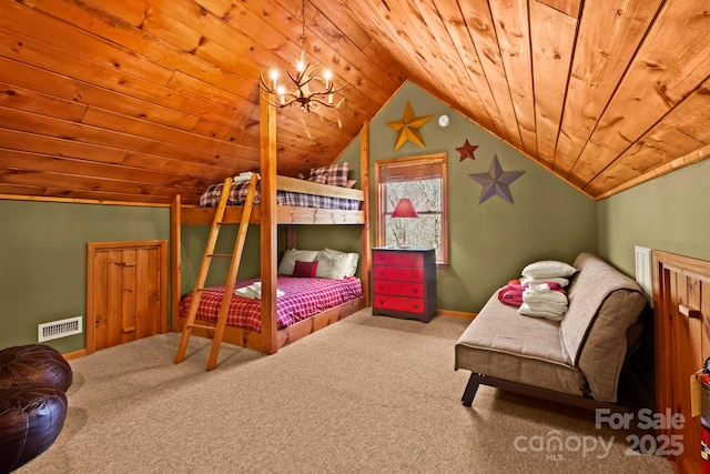 bedroom featuring carpet flooring, baseboards, visible vents, lofted ceiling, and wooden ceiling